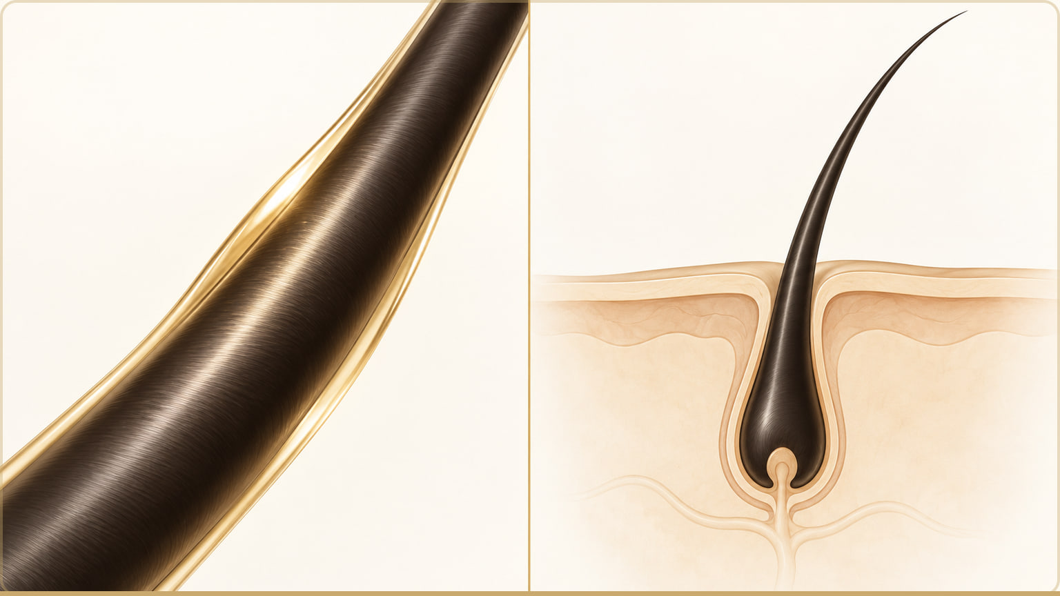 Two-part diagram comparing a sheen-coated existing hair shaft with a separate, neutrally depicted follicle.