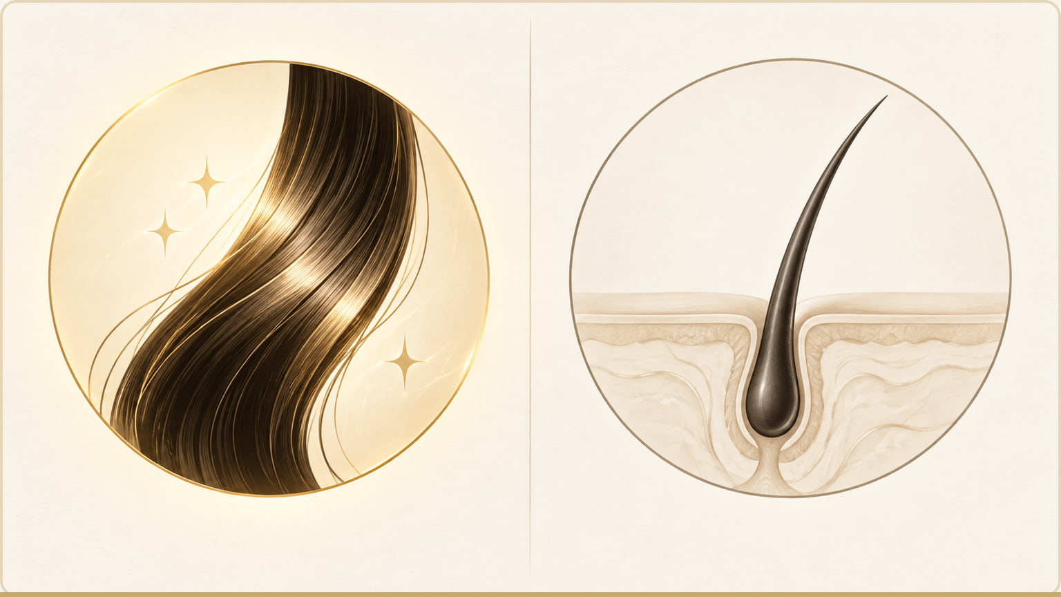 Qualitative two-panel evidence illustration: a lightly highlighted hair-shine outcome beside an unendorsed follicular-growth outcome.