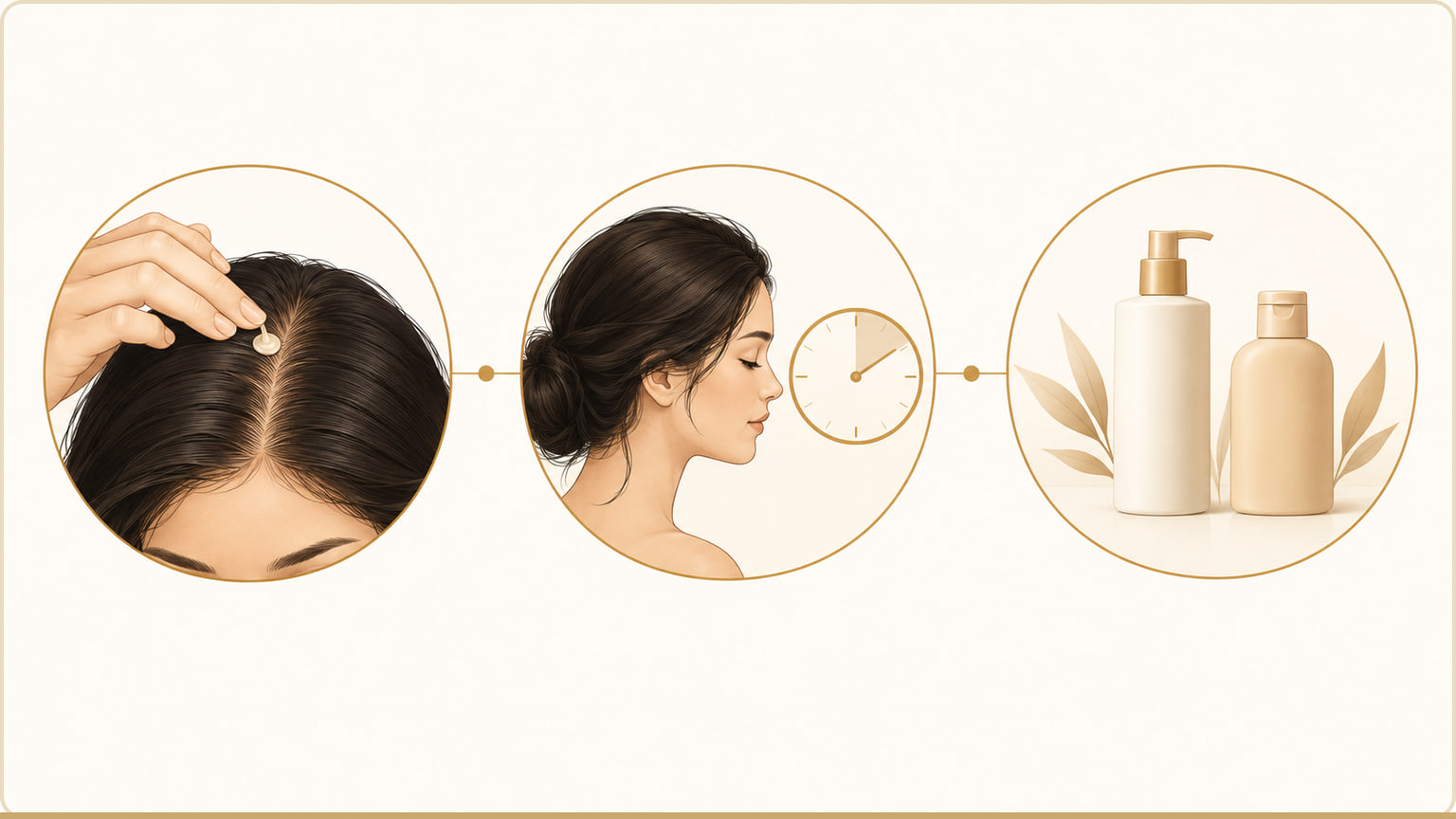 Three-panel diagram showing a small scalp application, a period of observation, and switching to a gentler product if irritation develops.
