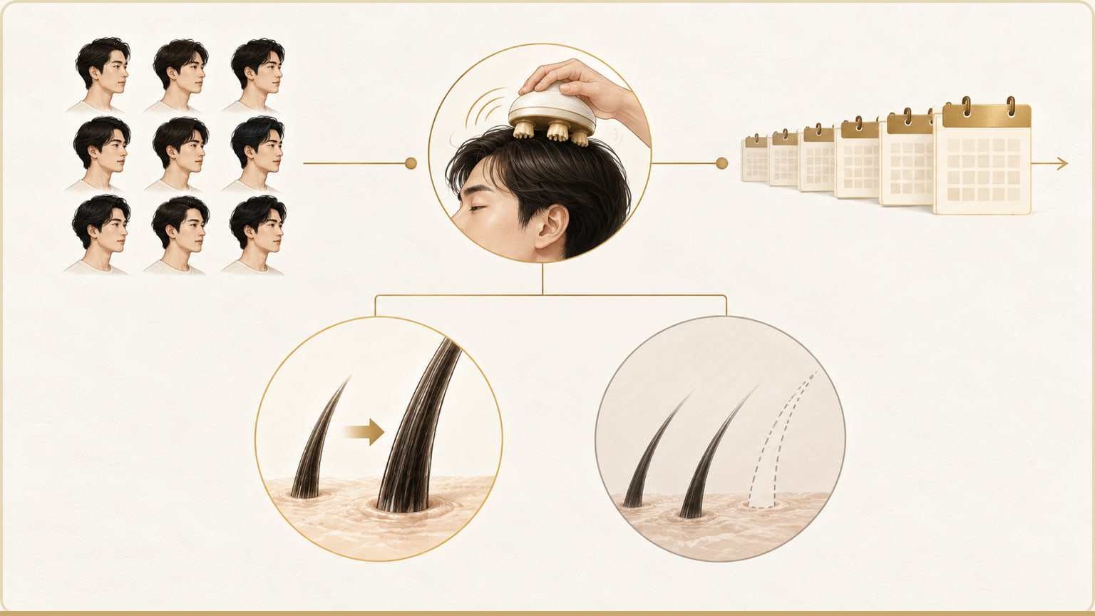 A restrained timeline shows a small study’s daily device-assisted massage routine and separates the reported hair-thickness result from unresolved hair growth.