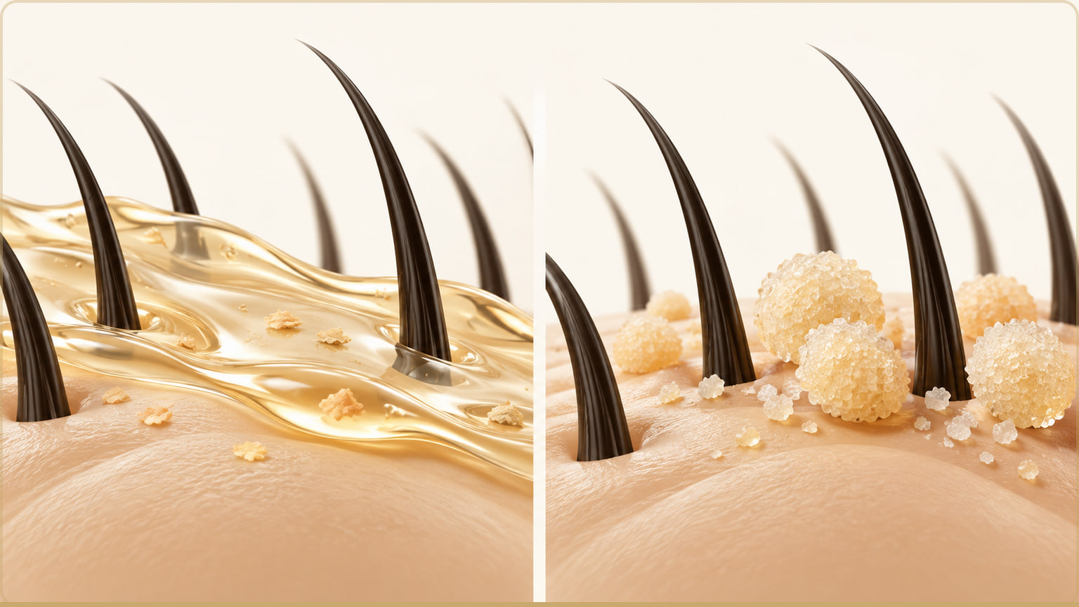 A two-panel diagram contrasts a smooth gel layer moving over a simplified surface with rounded sugar- or salt-like grains making physical contact.